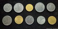 Obverse sides of ten Italian coins arranged in two rows