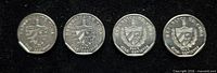 Obverse of four Cuban 10 centavos coins showing coat of arms and dates