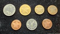 Obverse sides of seven Bahamian coins arranged in two rows