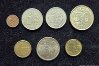 Obverse sides of seven Turkish coins displayed on black background