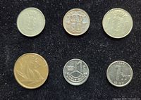 Obverse sides of six Belgian coins arranged in two rows