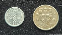 Obverse sides of both Portuguese coins: 1976 10 Centavos showing coat of arms, 2 ½ Escudos displaying shield and value 2$50