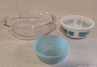 All three bowls: clear casserole, white ivy bowl, blue bowl