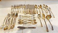 Full view of all 35 stainless steel flatware pieces arranged by type