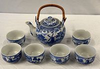 full view of teapot and six cups