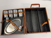 Open case showing tumblers, tray, spoon, empty bottle compartments
