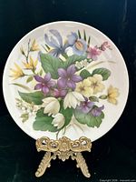 Front view of floral porcelain plate on stand
