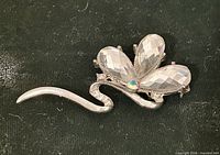 Full view of silver-tone floral rhinestone brooch