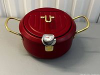 Top view showing red fryer pot, lid details, thermometer, gold handles