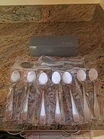 Eight of the twelve gourmet spoons displayed in protective sleeves next to box
