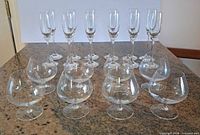 Group shot showing 12 flutes and 8 snifters on countertop