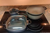 Group shot of all pans and lids on stovetop