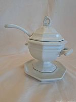 assembled tureen set showing body, lid, ladle, underplate