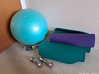 Group view showing stability ball, mats, dumbbells, packaged band