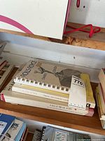 Stack of books on shelf showing cookbook and sex education titles