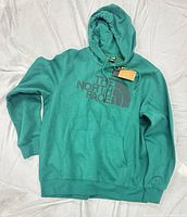 Front view of green The North Face hoodie with tags attached