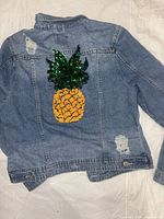 Back view of denim jacket showing sequin pineapple applique and distressed details