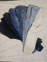 Ten jeans fanned out showing color range