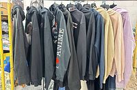 Full rack of assorted hoodies front view