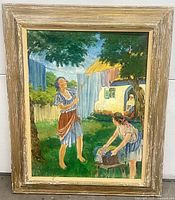 Front view of framed painting showing subject and frame wear