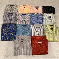 Grid of 14 folded men’s medium dress shirts showing variety of colours and patterns