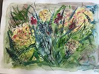 Full view of floral watercolour and ink painting on paper