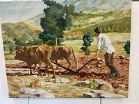 Full view of oil painting landscape scene with farmer, oxen and plow