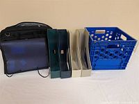 Full lot: laptop bag, blue folder, four file holders, blue crate