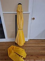 Umbrella canopy, pole, and storage bag grouped