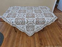Full view of tablecloth spread on table showing overall size and pattern