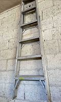 Full view of aluminum straight ladder hanging on wall, showing rails and rungs