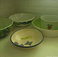 Group shot of all five bowls showing interior colours and exterior motifs