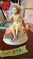 Front view of porcelain fairy figurine seated on leaf base