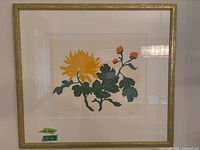 Framed botanical print showing yellow chrysanthemum and green foliage