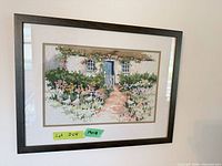 Frontal view of framed cross-stitch artwork on wall
