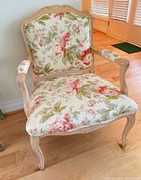 Front view of carved wood bergère armchair with floral upholstery