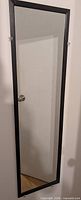 Full view of rectangular mirror with black wood frame mounted on wall