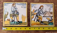 Front view of two hand-painted tiles with measuring tape showing approx 5 in size