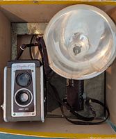 Front view of Kodak Duaflex IV with attached flash inside display box