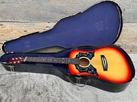 Guitar inside open hard case showing body, neck, pickguards, interior lining
