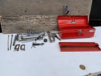 Overall view of red toolbox, removable tray, grouped hand tools