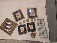 Mirror, framed prints, jars, painted tray and dish