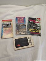 Front covers of all four guidebooks displayed on surface
