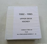 Closed white binder labeled 1992-1993 Upper Deck Hockey, cards #1-440 plus All Star Locker Series #1-60