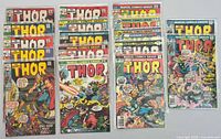 All 17 Thor comic books laid out showing front covers and plastic sleeves