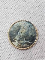 Obverse shows Bluenose schooner and date 1957 on Canadian silver dime