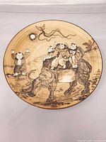 Full view of round ceramic plate with Asian scene design