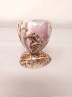 Front of carved cowrie shell showing seahorse relief and speckled pattern, mounted on shell base