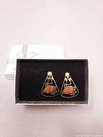 Pair of enamel floral drop earrings in gift box, full view