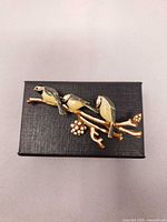 front view of enamel birds brooch on branch